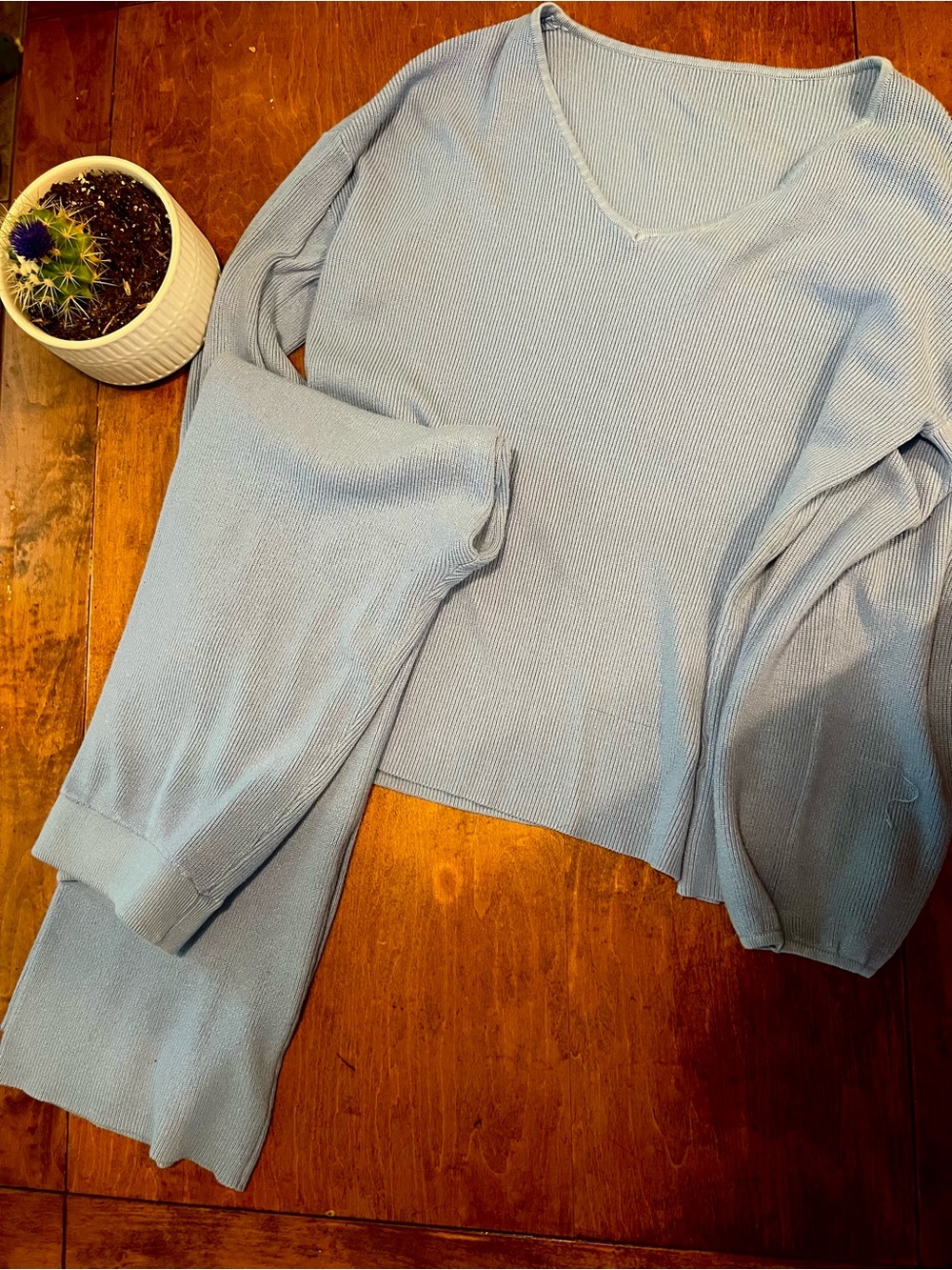 Women9s Wide Leg Knit Pants & Top Set - Light Blue